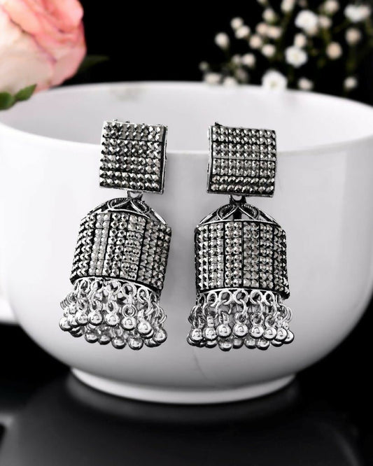 VOJ Black-Toned AD Studded Square Dome Shaped Jhumka Earrings - Grab2buy