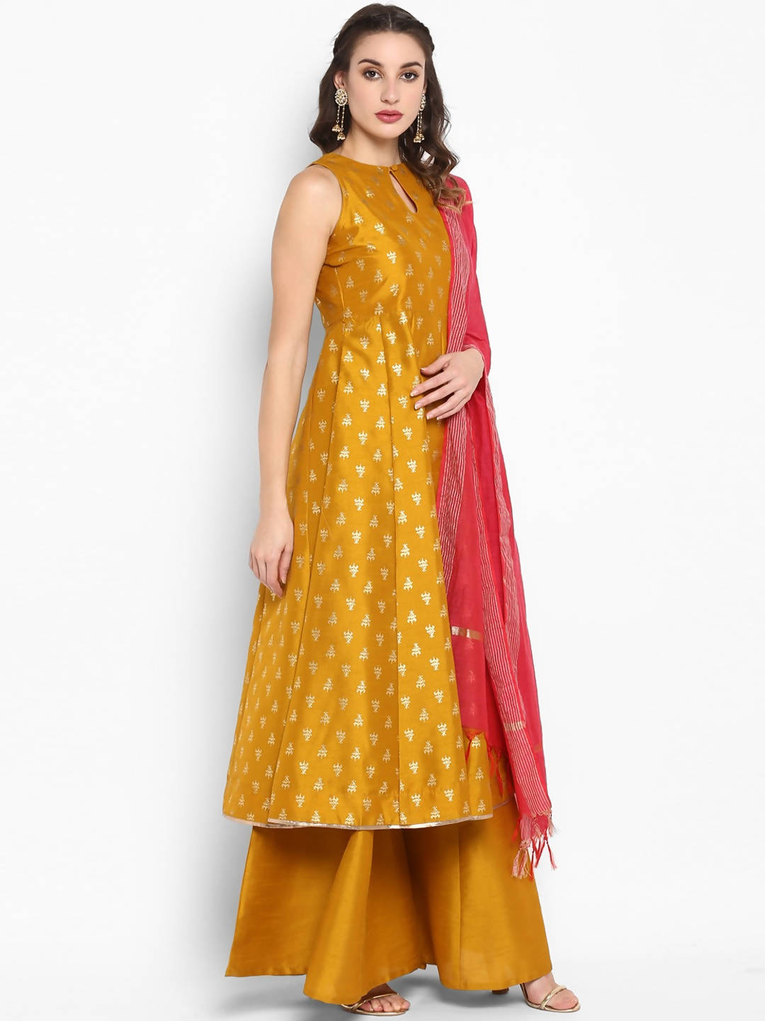 Janasya Women Mustard Yellow Printed Kurta with Palazzos & Dupatta