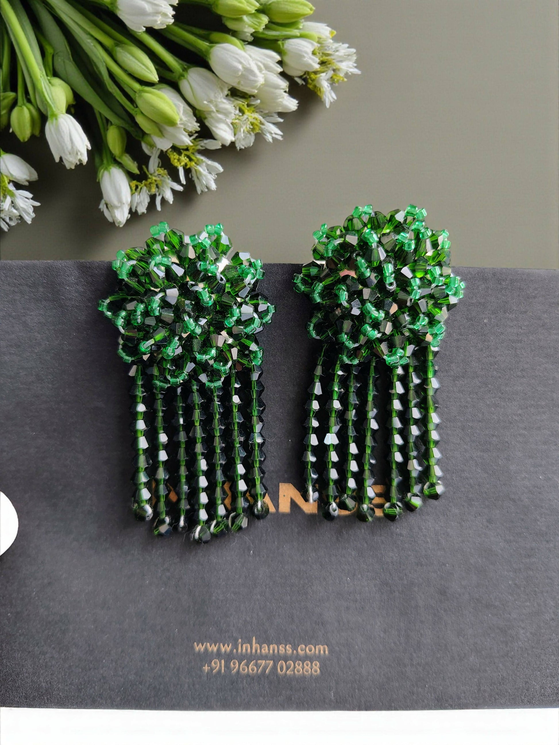 Inhanns Handmade Crystal Water Fall Earrings - Short - Dark Green Small