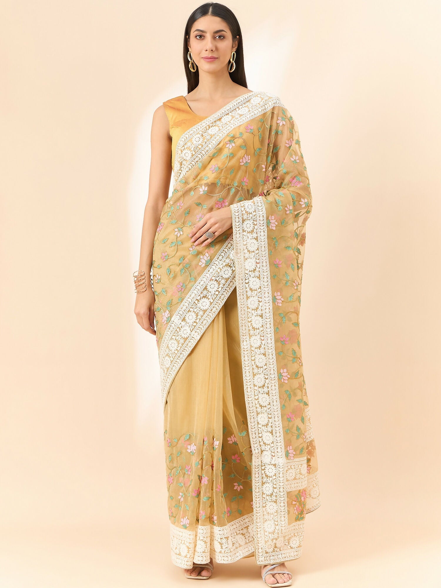 Beige Organza Floral Embroidered Saree with Unstitched Blouse Piece - Roozal