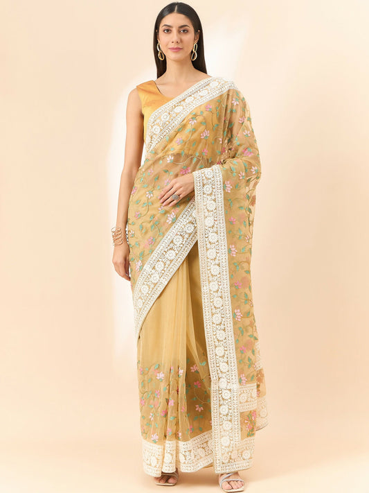 Beige Organza Floral Embroidered Saree with Unstitched Blouse Piece - Roozal