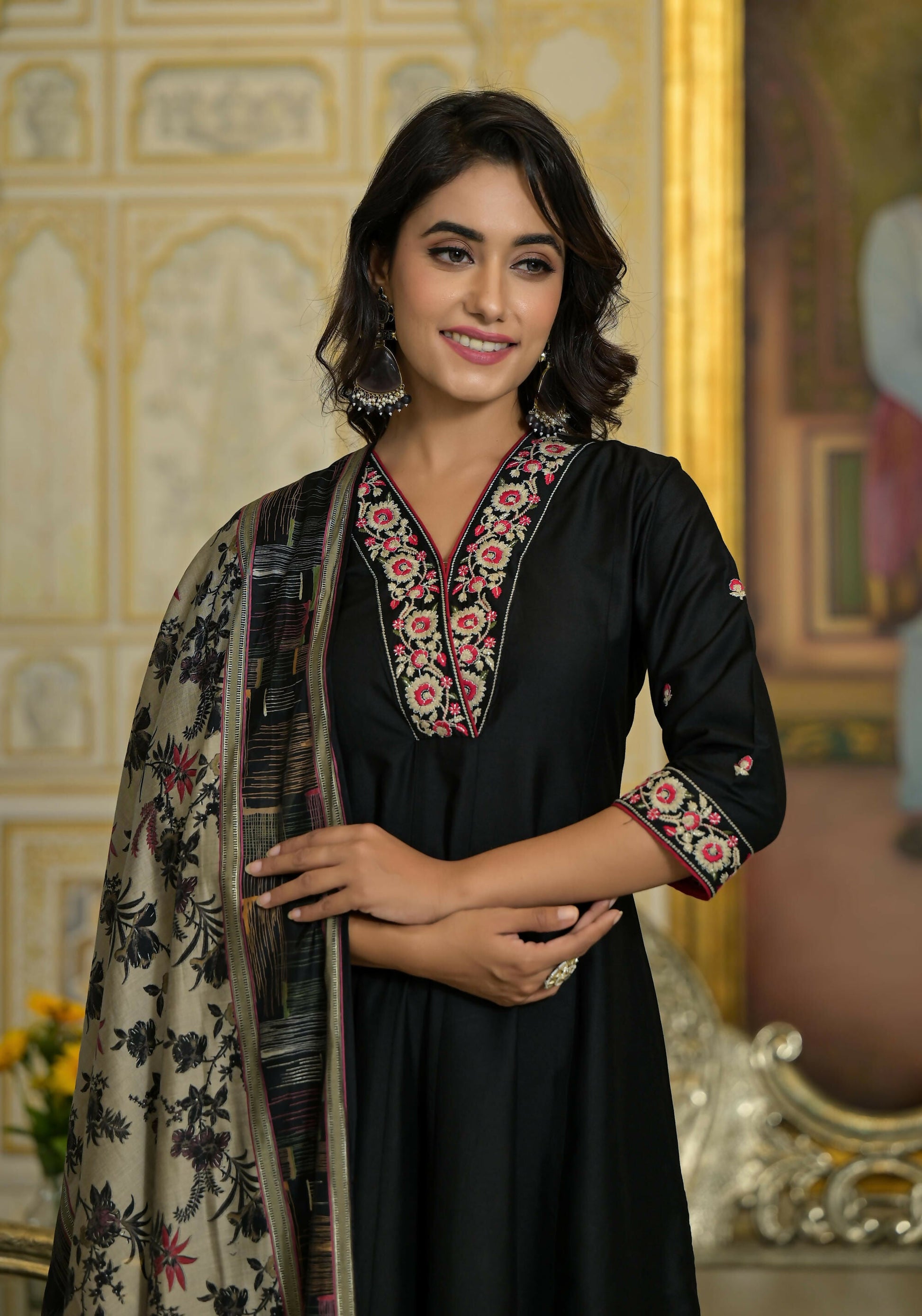 Juniper Women's Black Thread Embroidered Viscose Kurta Pant And Dupatta Set With Abstract Printed Pants