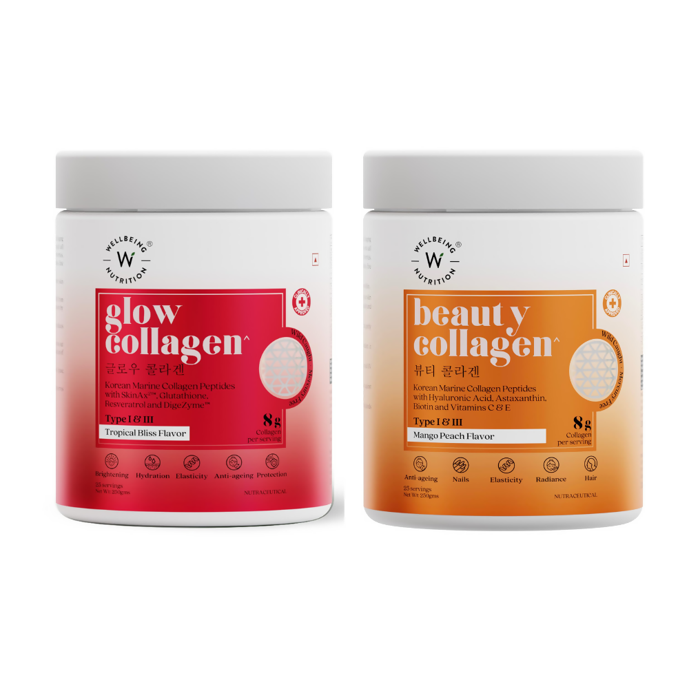 Wellbeing Nutrition Glow Korean Marine & Beauty Collagen Combo: Tropical Bliss & Mango Peach Flavor  Grab2Buy Wellbeing Nutrition Grab2Buy