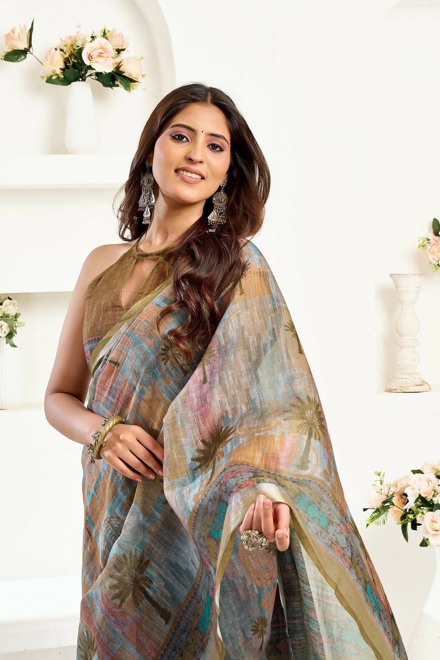 Joban Fashion Dusty Green Floral & Ethnic Motifs Linen Ready To Wear Saree With Unstitched Blouse