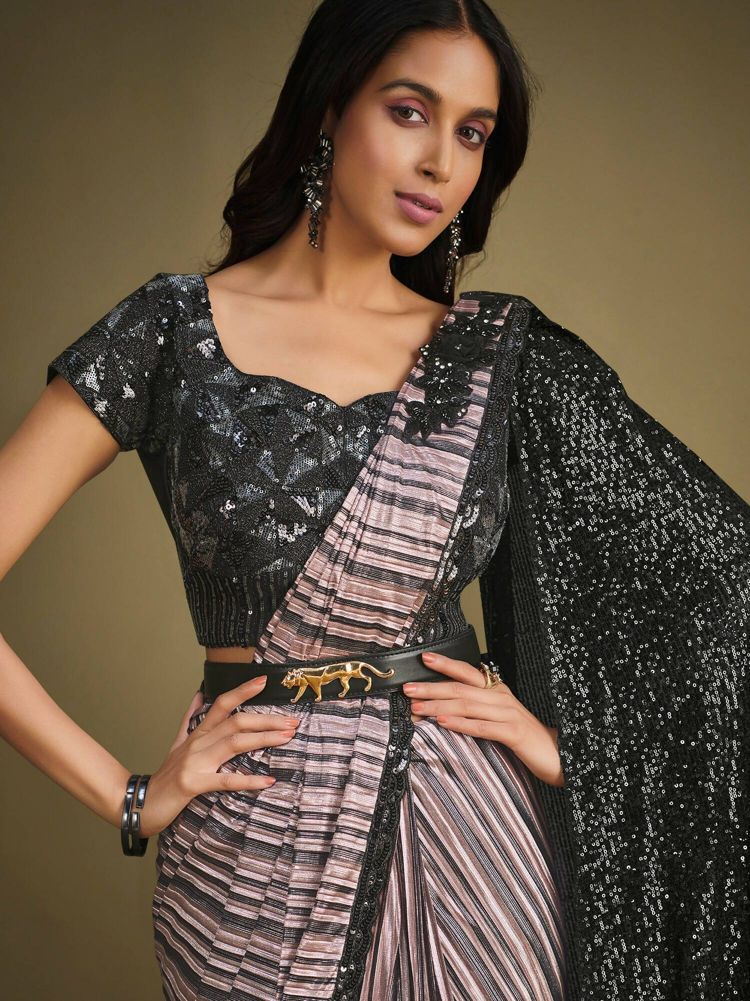 Lavendor Modern Value Sequence Embroidered Saree With Stitched Blouse - Mohmanthan La Belle