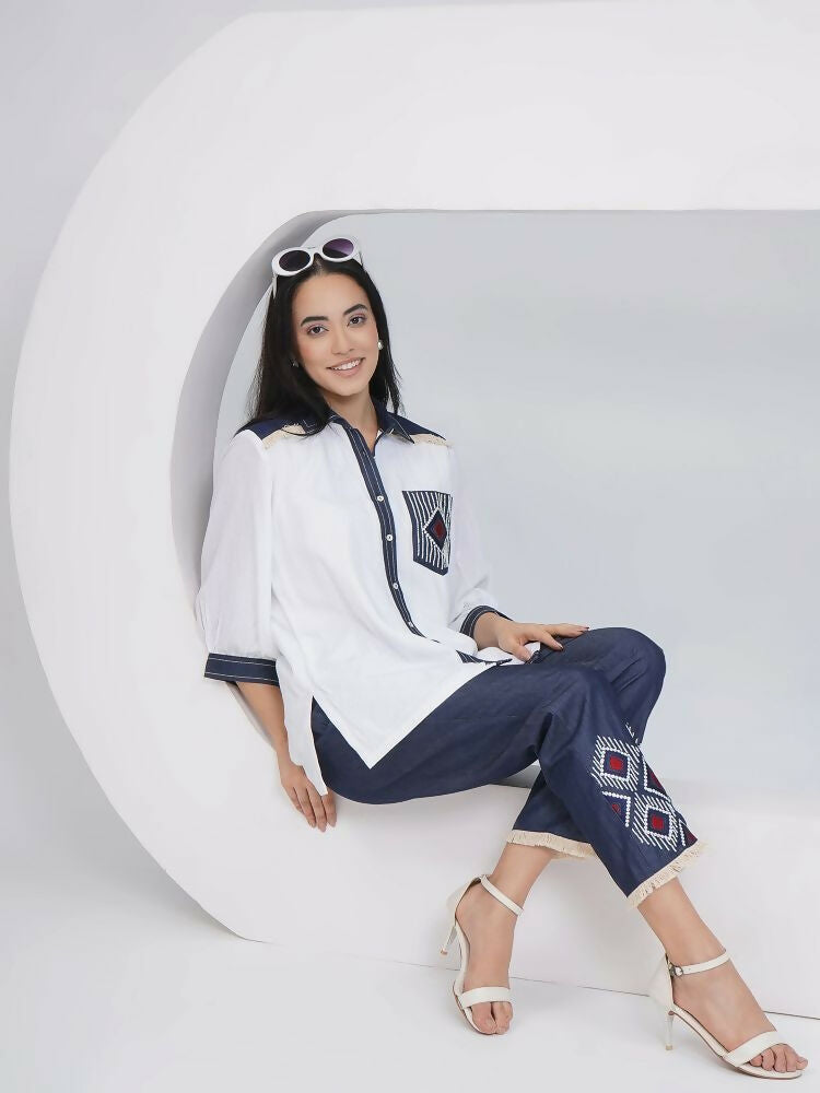 Joban Fashion White Rayon Crepe Hand-Embellished Shirt with Embellished Pants