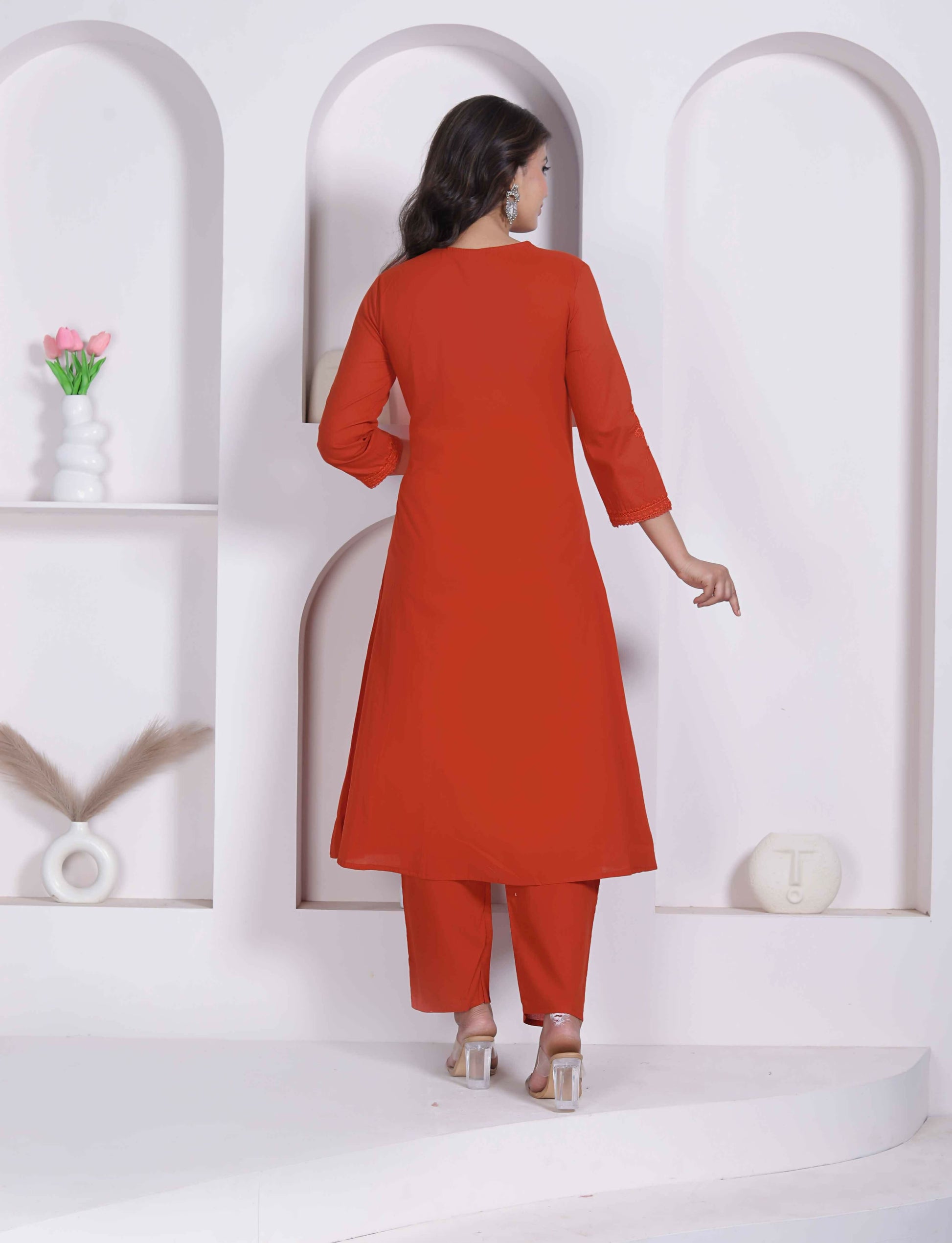Miravan Womens Rust Floral Printed Angrakha Style Kurta With Palazzo