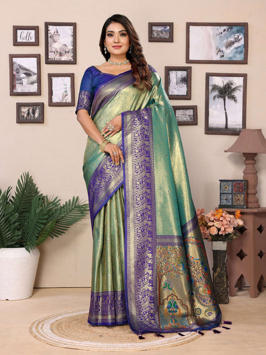 Aastha Fashion Green Tissue Silk Weaving Saree