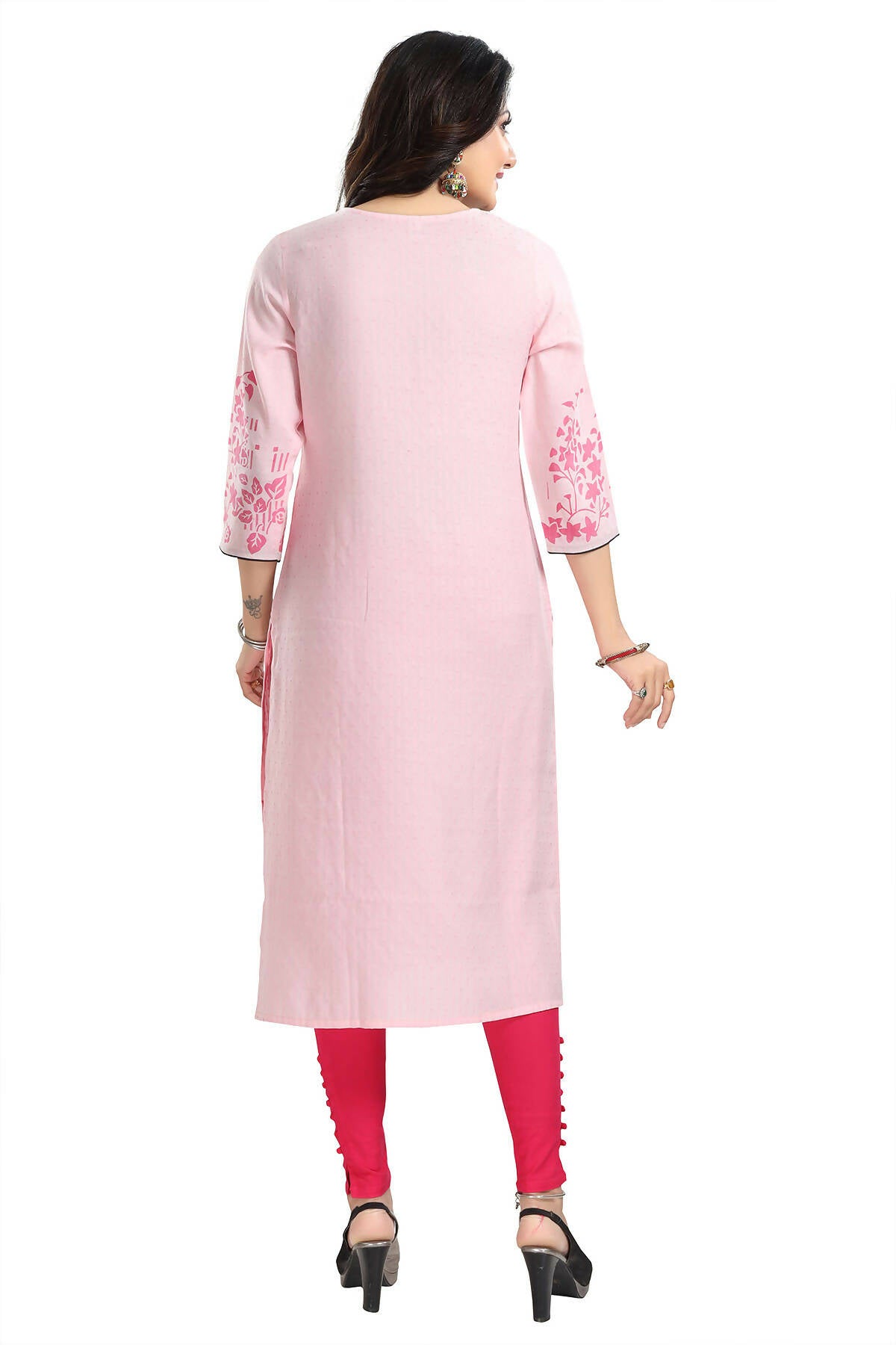 Snehal Creations Pretty Pink Rayon Textured Print Long Kurta For Women