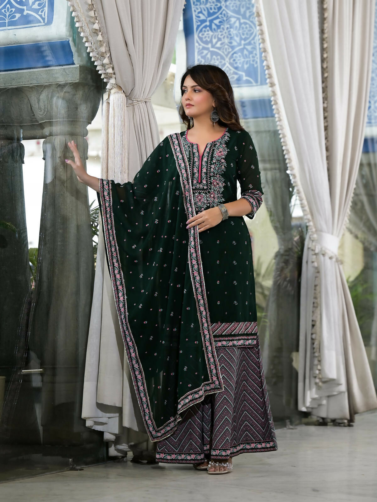 Juniper Women's Green Floral Printed Georgette Kurta Sharara & Dupatta Set With Sequins