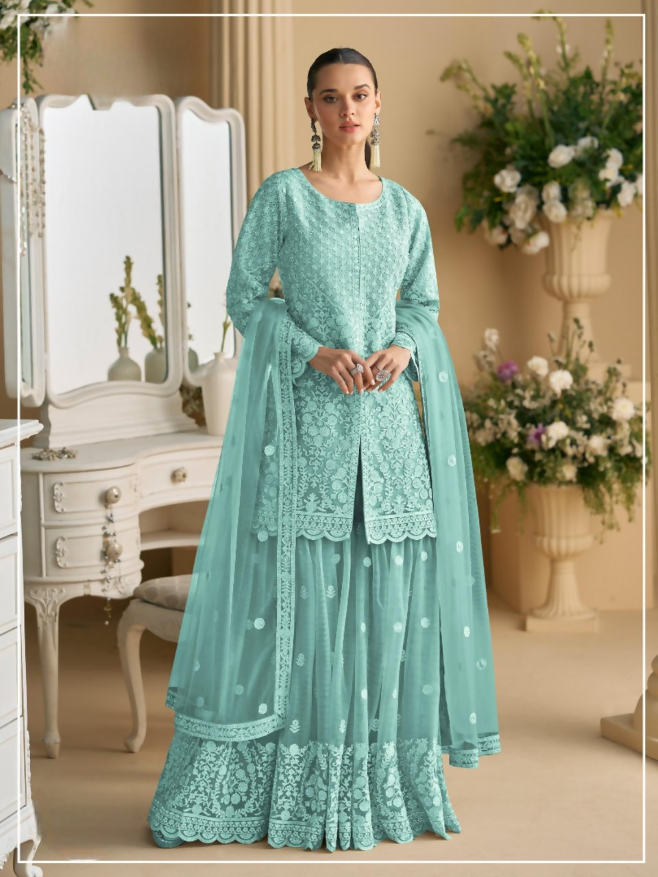 Anaita Sky Blue Heavy Net Readymade Suit with Embroidery & Sequence Work