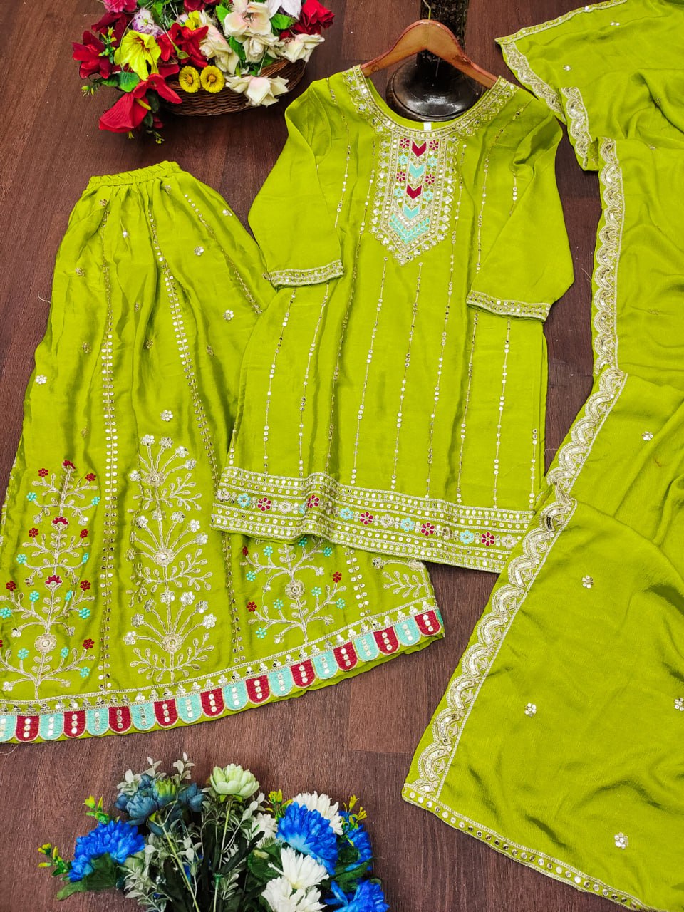 Prazu Fashion Parrot Green Chinon Silk Sequin Embroidered Sharara Suit