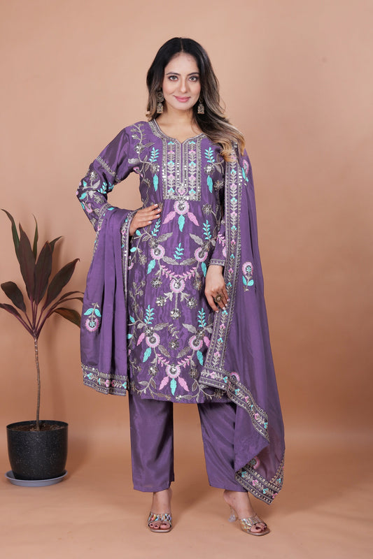 Lehenga Mart Chinon Top Pant Dupatta for Girls or Women - Blue