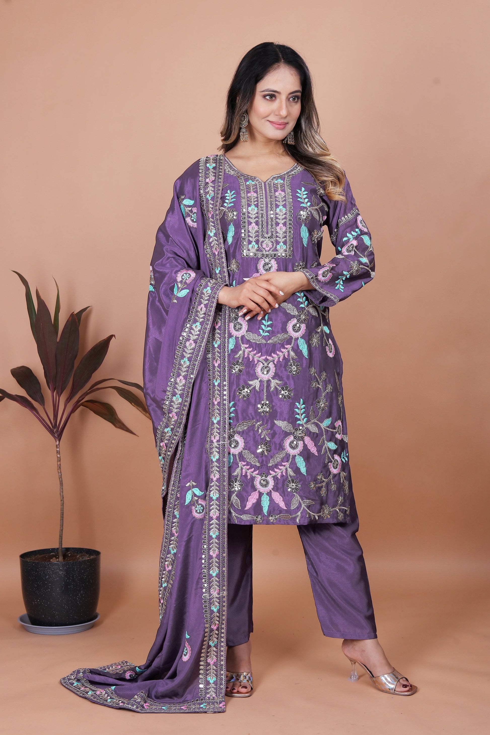 Lehenga Mart Chinon Top Pant Dupatta for Girls or Women - Blue