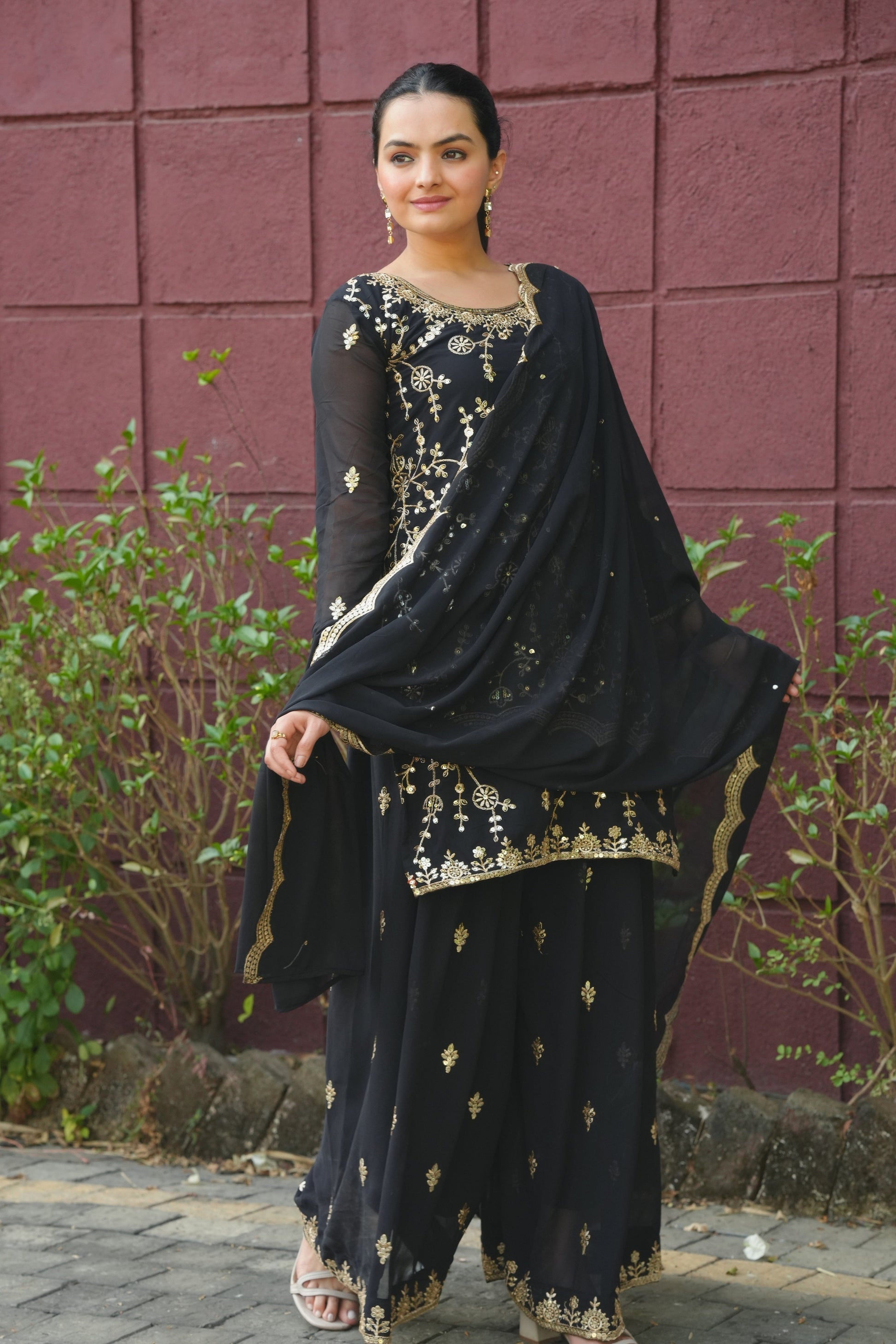 Lehenga Mart Designer Georgette Sharara Suit Dupatta for Women - Black