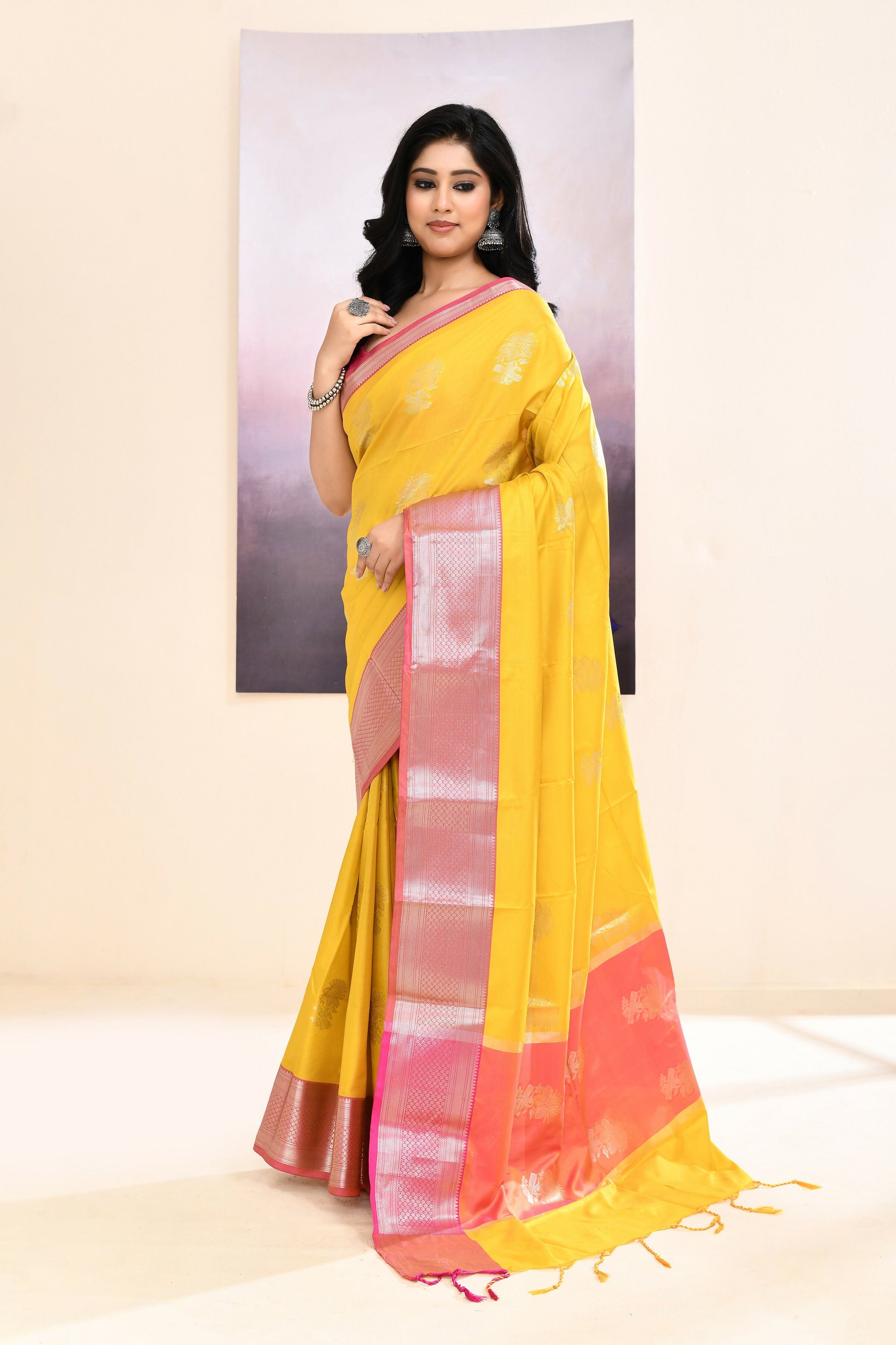 Piyari Fashion Women's Mustard Yellow Embellished Silk Saree