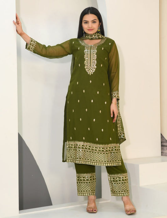 Lehenga Mart Designer Faux Georgette Suit With Embroidered Work - Mahendi