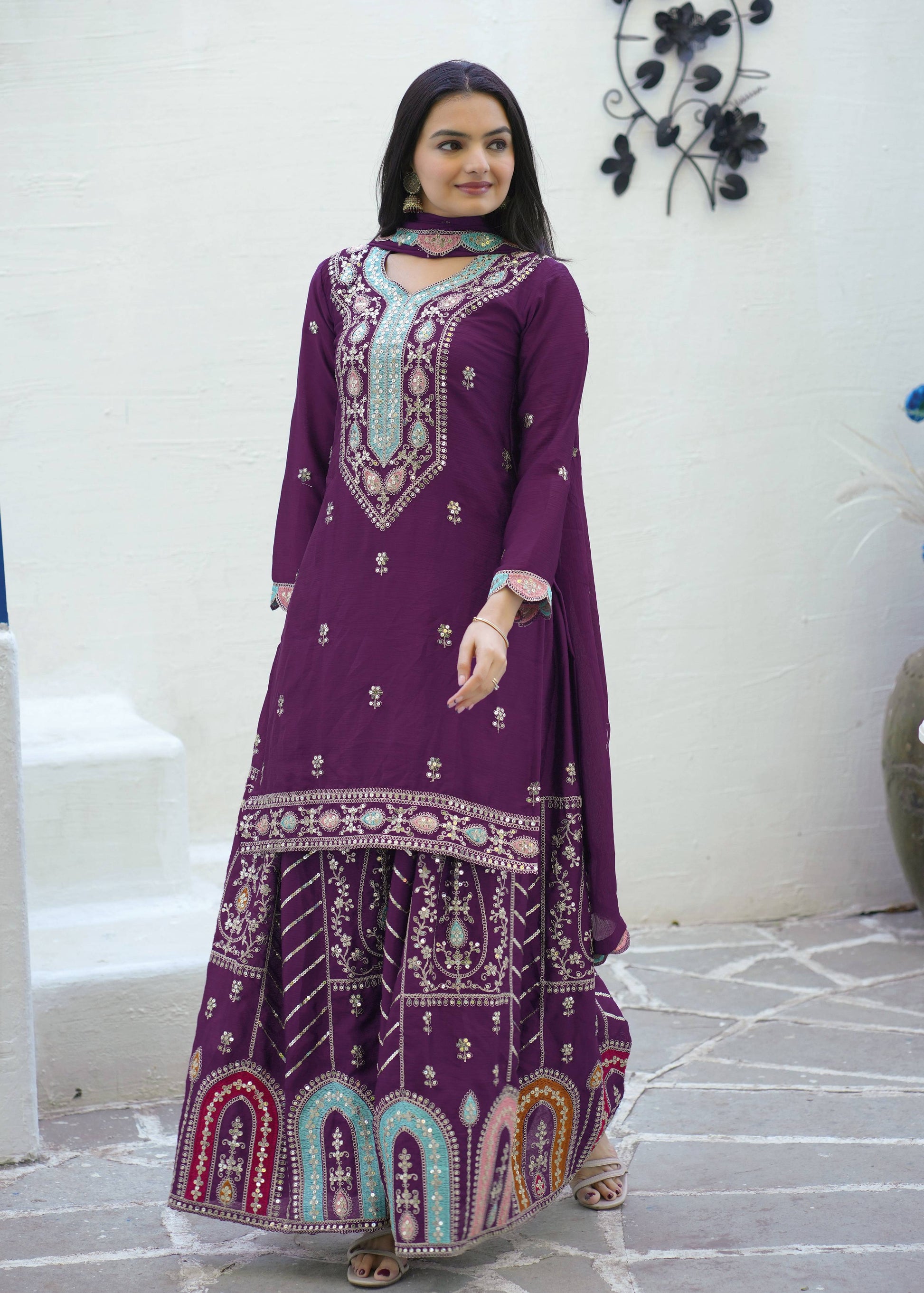 Lehenga Mart Designer Chinon Suit With Sequence Embroidered Work - Purple