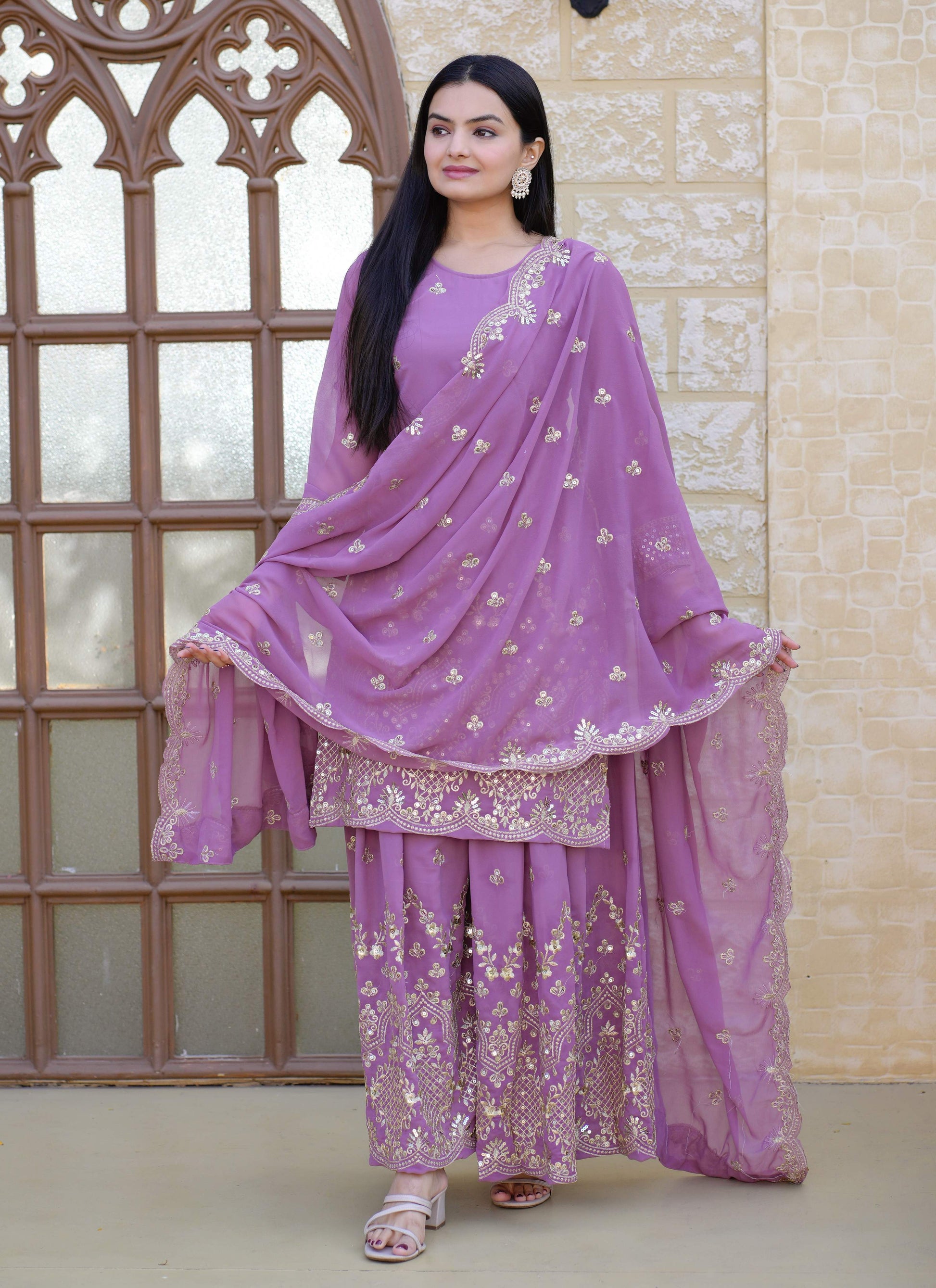 Lehenga Mart Designer Faux Georgette Sharara Suit With Sequence Embroidered Work - Lavender
