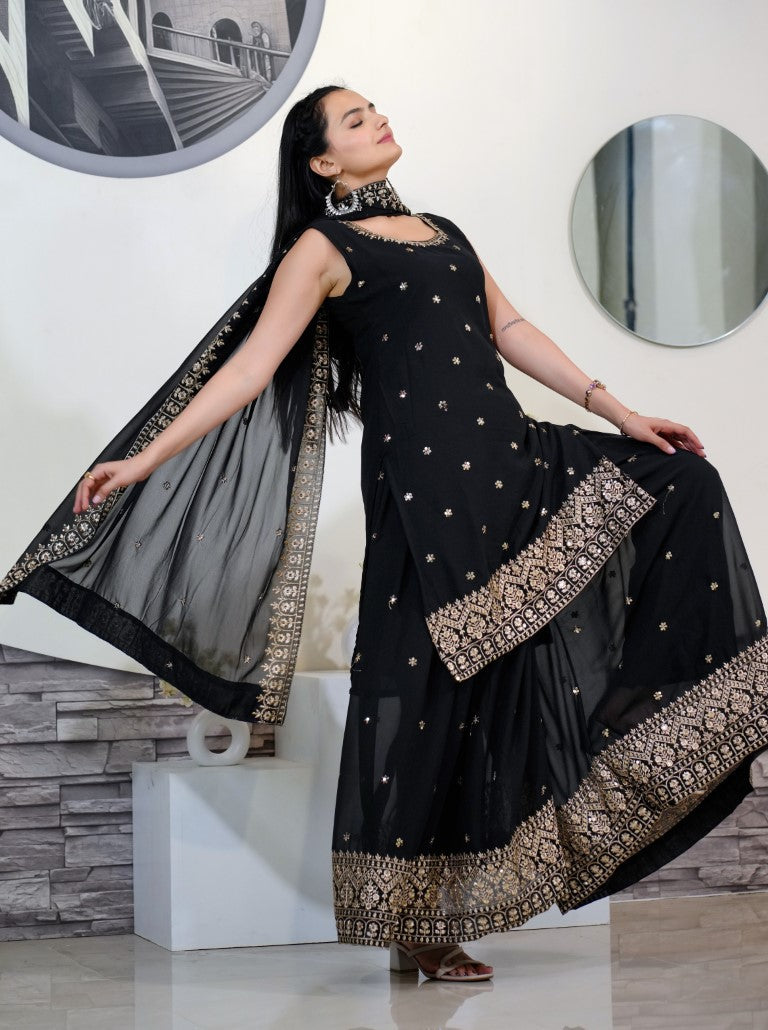 Lehenga Mart Designer Faux Georgette Sharara Suit With Sequence Embroidered Work - Black