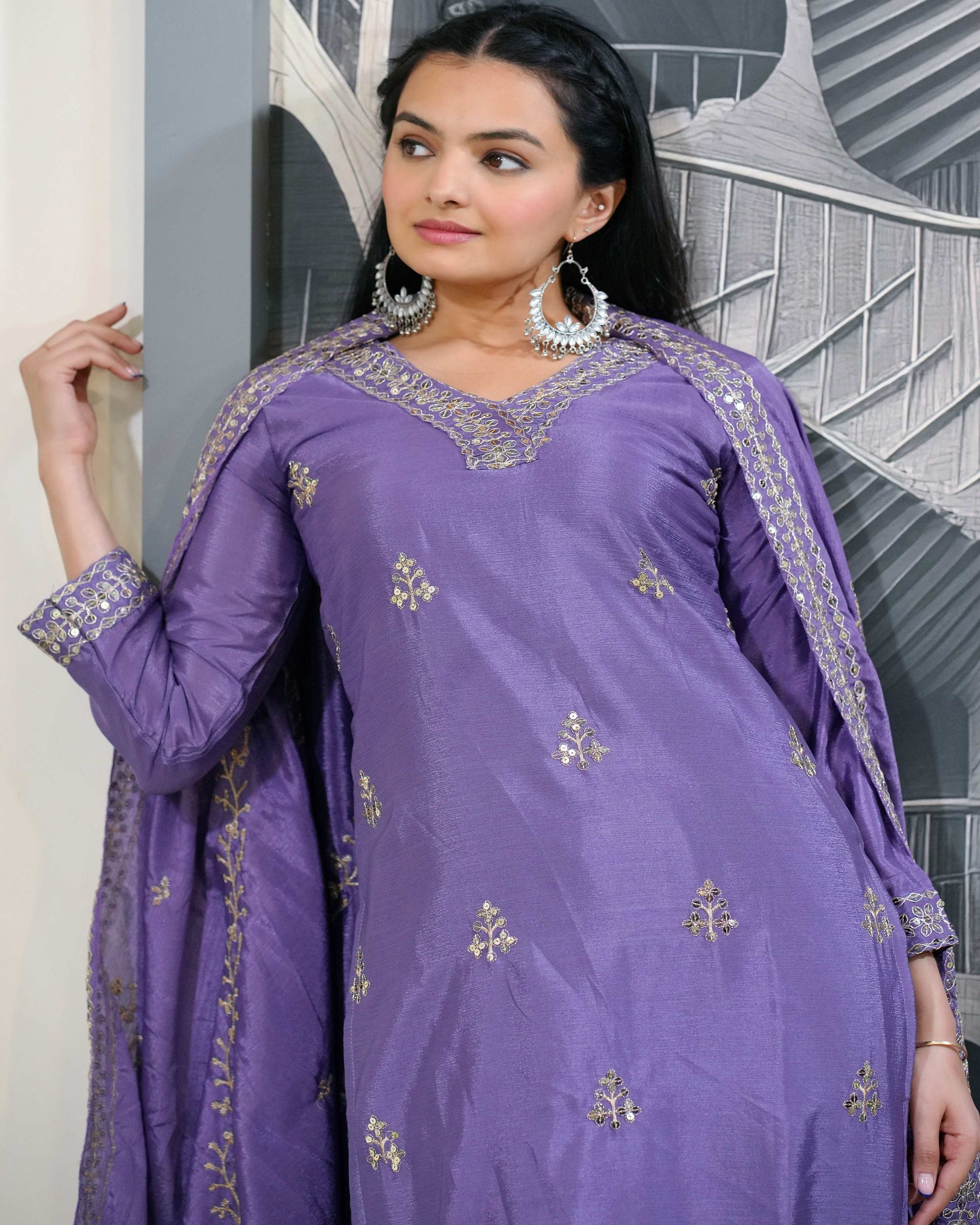 Lehenga Mart Designer Chinon Suit With Sequence Embroidered Work - Lavender