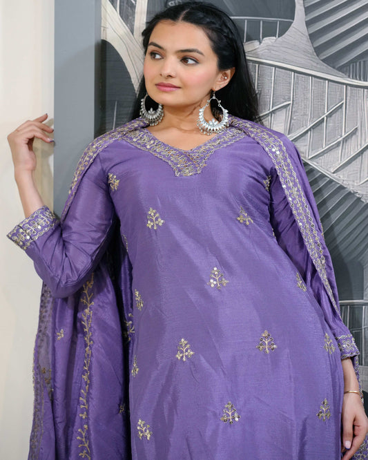 Lehenga Mart Designer Chinon Suit With Sequence Embroidered Work - Lavender