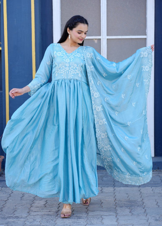 Lehenga Mart Designer Chinon Gown With Embroidered Work - Sky Blue