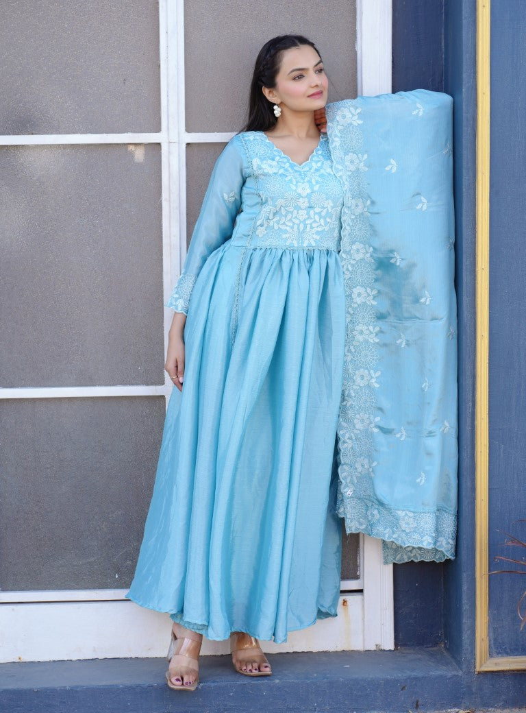 Lehenga Mart Designer Chinon Gown With Embroidered Work - Sky Blue