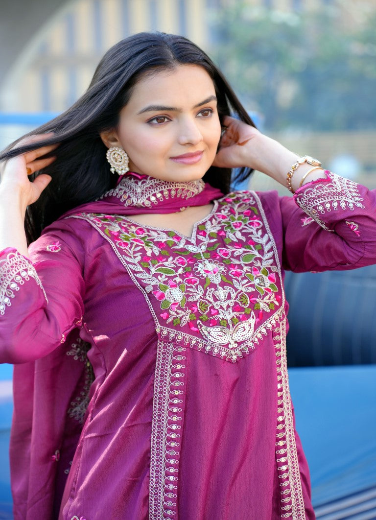Lehenga Mart Designer Chinon Gown With Coding Sequence Embroidered Work - Purple