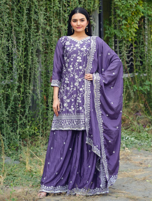 Lehenga Mart Designer Chinon Sharara Suit With Sequence Embroidered Work - Blue