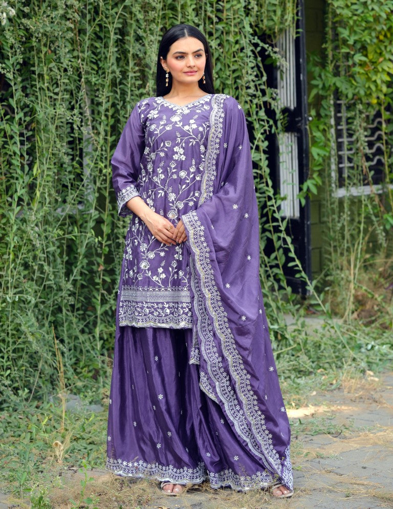 Lehenga Mart Designer Chinon Sharara Suit With Sequence Embroidered Work - Blue