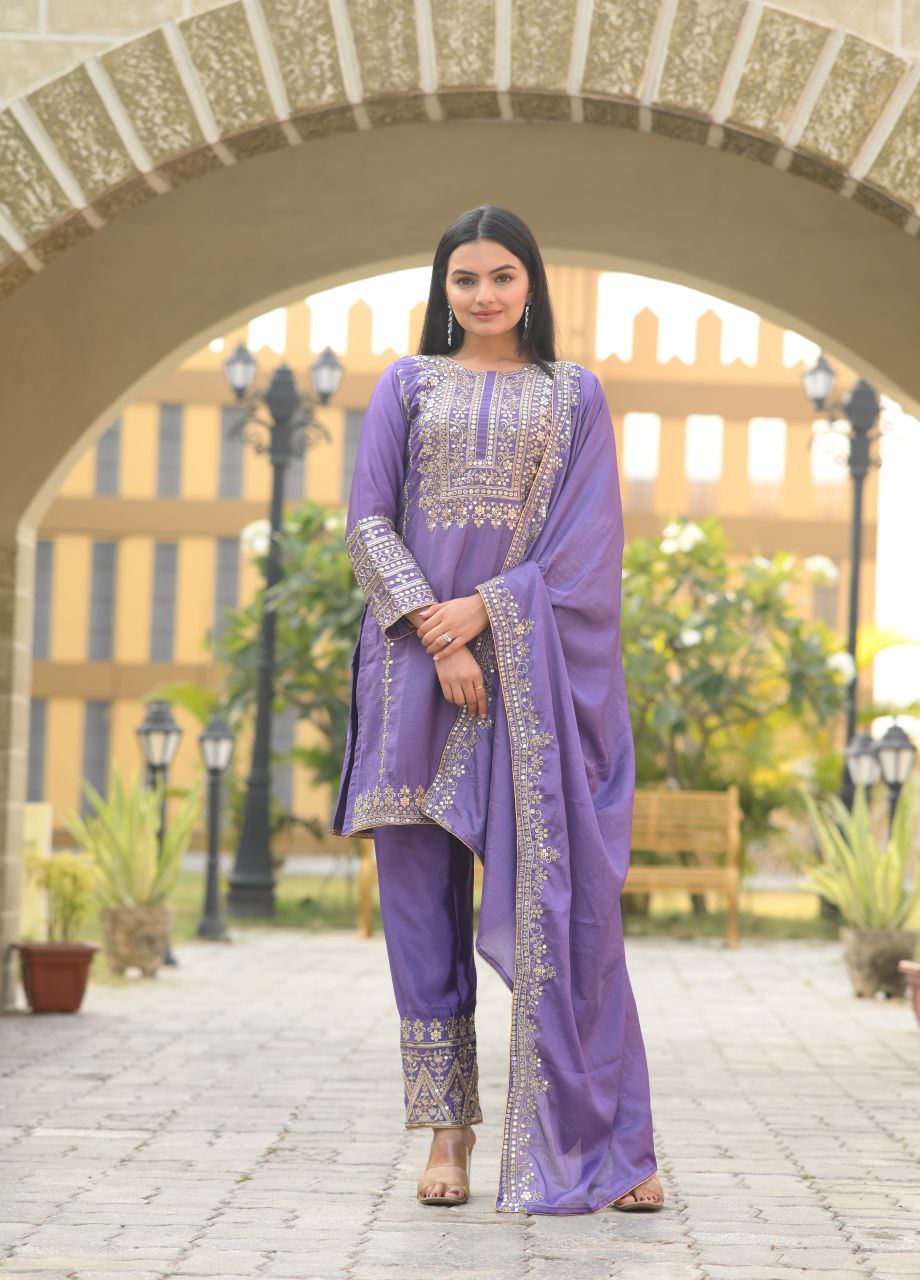 Lehenga Mart Designer Chinon Suit With Sequence Embroidered Work - Lavender