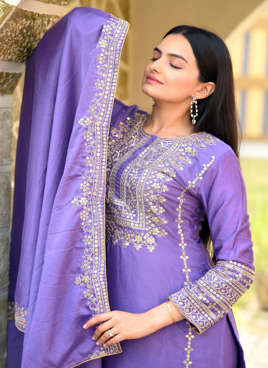 Lehenga Mart Designer Chinon Suit With Sequence Embroidered Work - Lavender