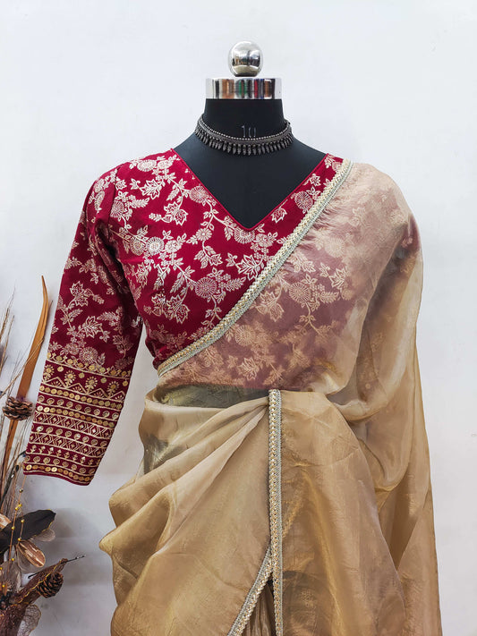 Teeya Creation Chiku Color Gold Crush Tissue Saree With Lace Border