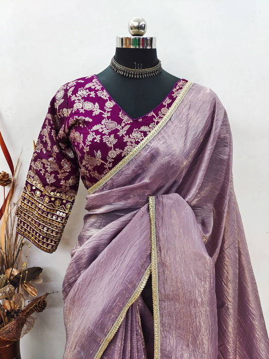 Teeya Creation Onion Color Gold Crush Tissue Saree With Lace Border