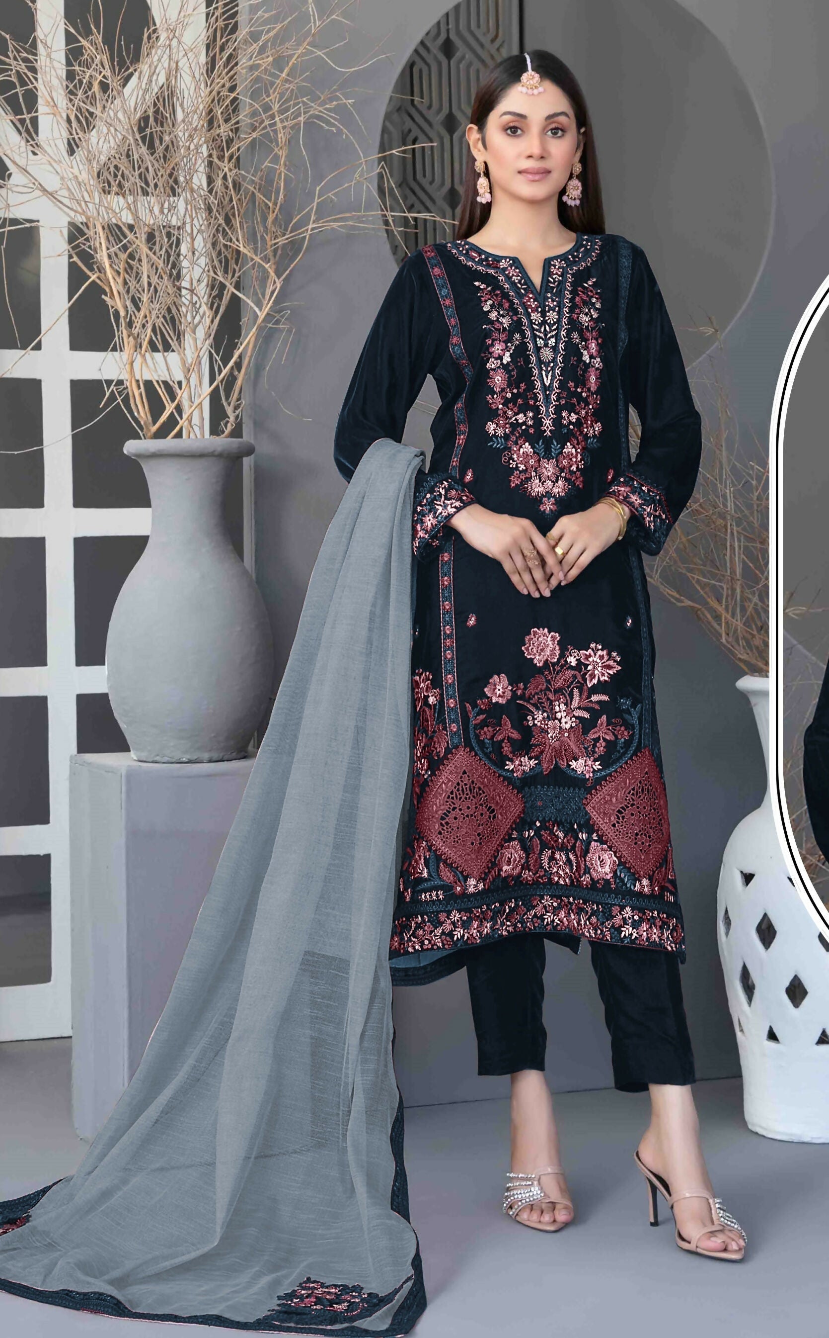 Anaita Navy Blue Velvet Suit with Embroidery Sequence Work 