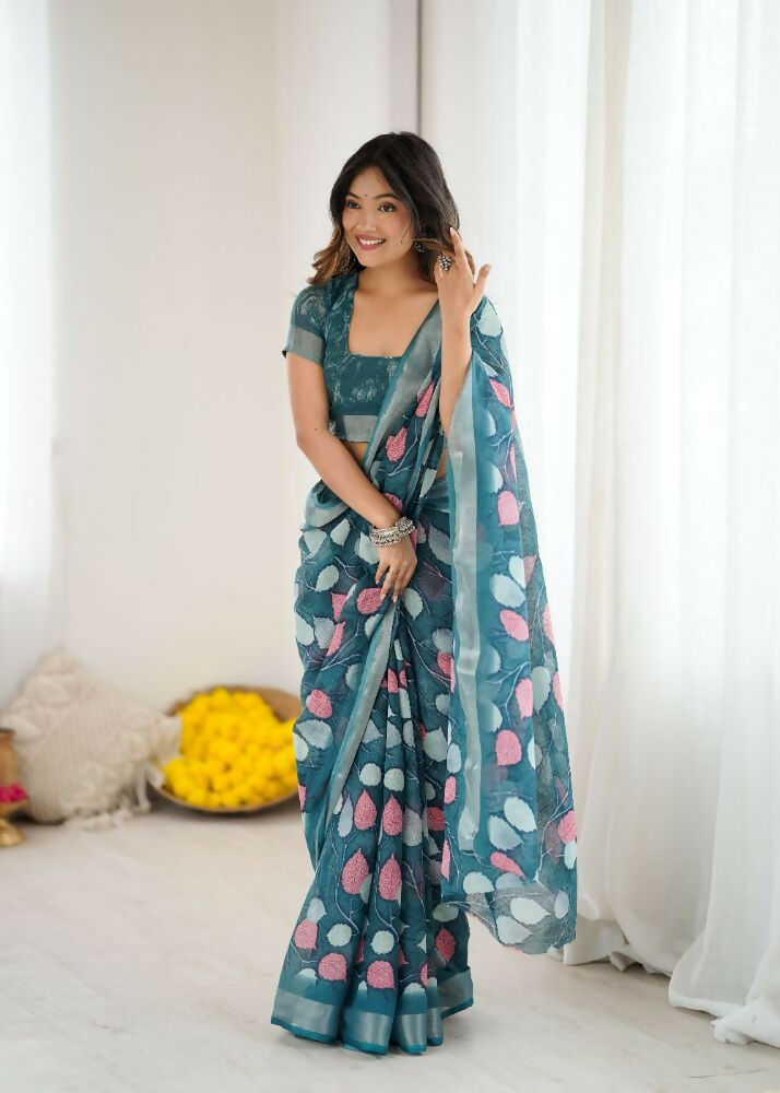 PR Fashion Morpich Linen Patta Printed Saree