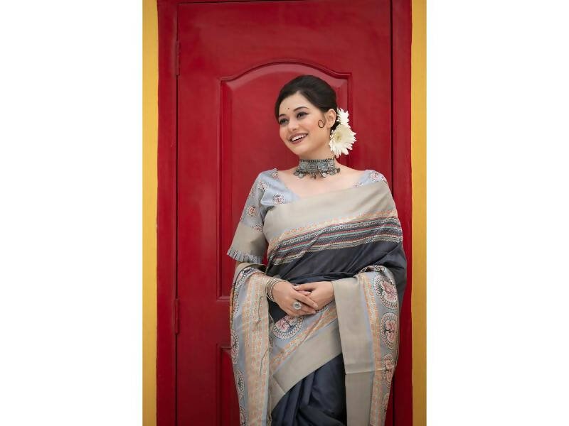 Aastha Fashion Women's Dark Grey Tussar Silk Digital Printed Saree with Blouse - Grab2buy