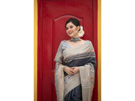 Aastha Fashion Women's Dark Grey Tussar Silk Digital Printed Saree with Blouse - Grab2buy