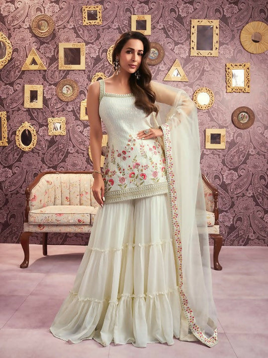 Vastranavya Malaika Arora Cream Georgette Embroidered Sequins Palazzo Suit  Grab2Buy Vastranavya Grab2Buy