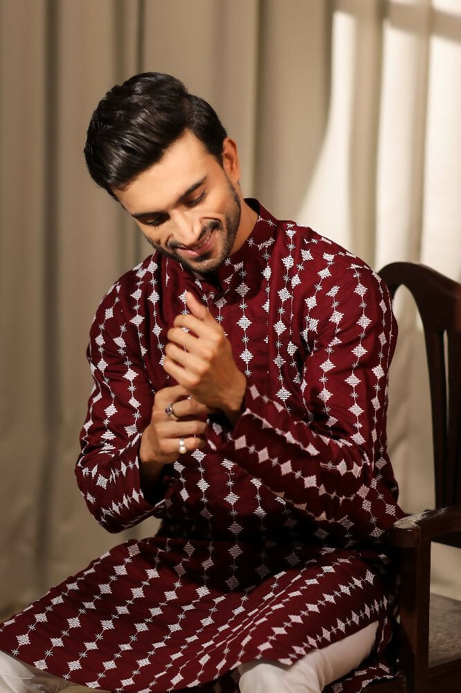 Maroon Viscose Designer Embroidery Work Kurta Set - Mahotsav