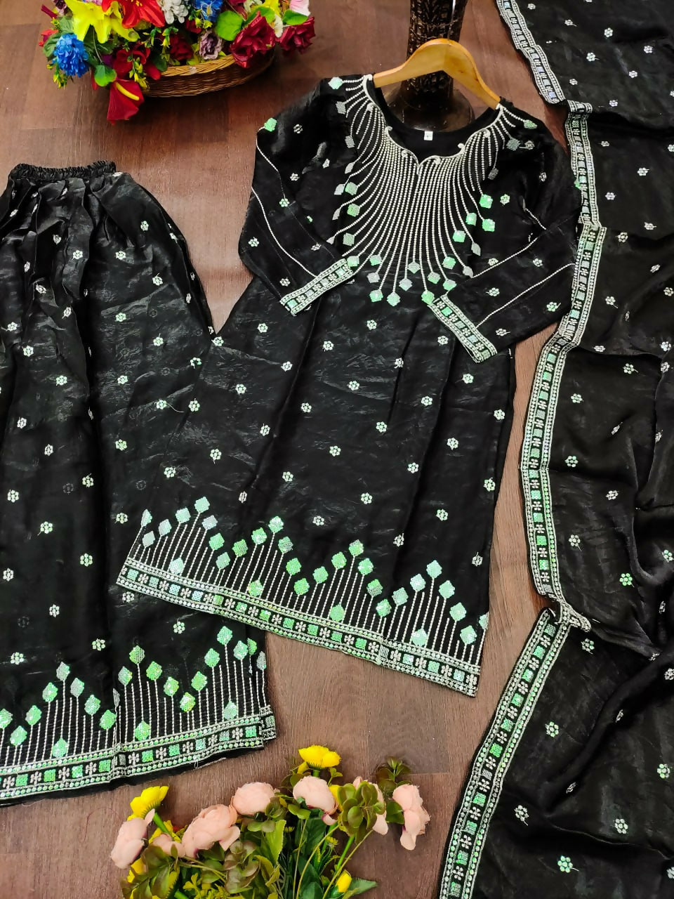 Teeya Creation Womens Trendy Black Silk Blend Embroidered Kurta And Sharara Suit Set With Dupatta