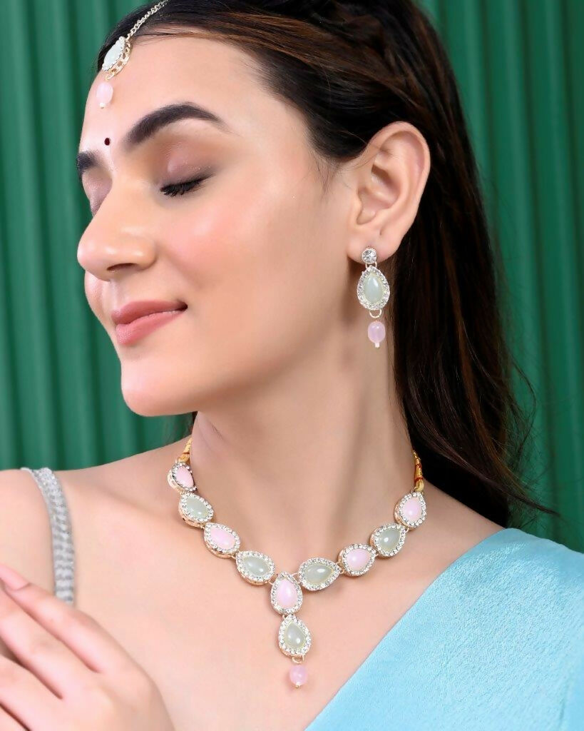 VOJ Gold Plated Nude Pink And Mint Green Stone Studded Jewellery Set With Maang Tikka - Grab2buy