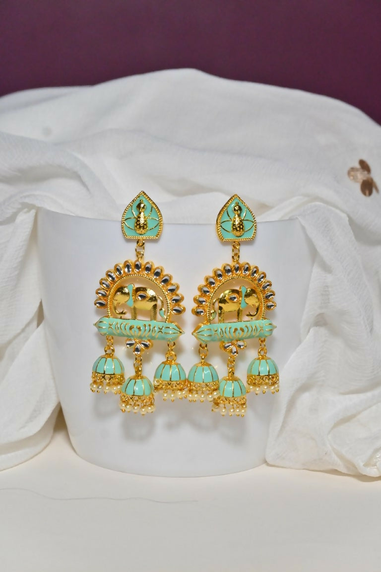 Green Traditional Gold-Polished Elephant Design Kundan Jhumka Jhumki Earrings Indian Jewellery For Women & Girls By House of Ree House of Ree