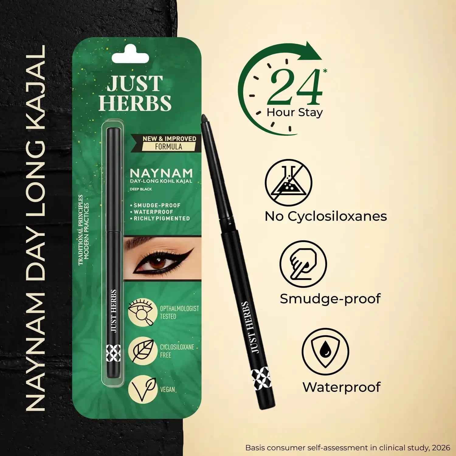 Naynam Day-long Kohl Kajal – Deep Black | Cyclosiloxane-Free 