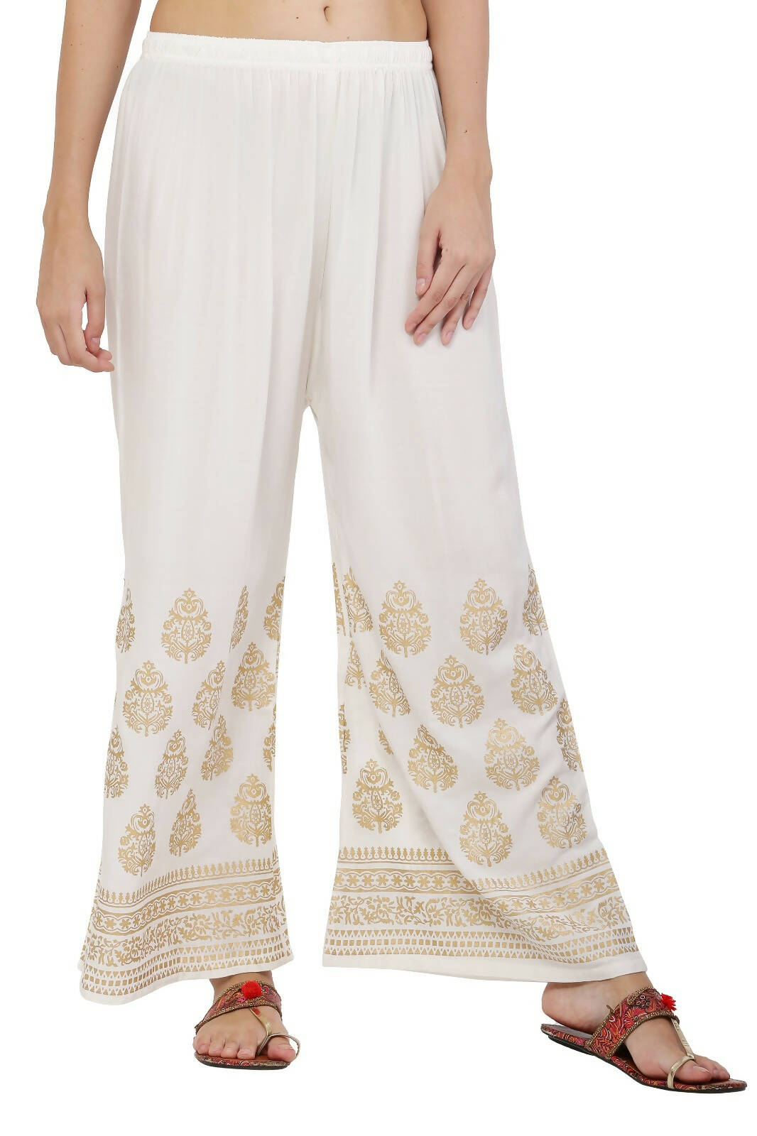 PAVONINE White Color Golden Printed Rayon Fabric Sharara For Women