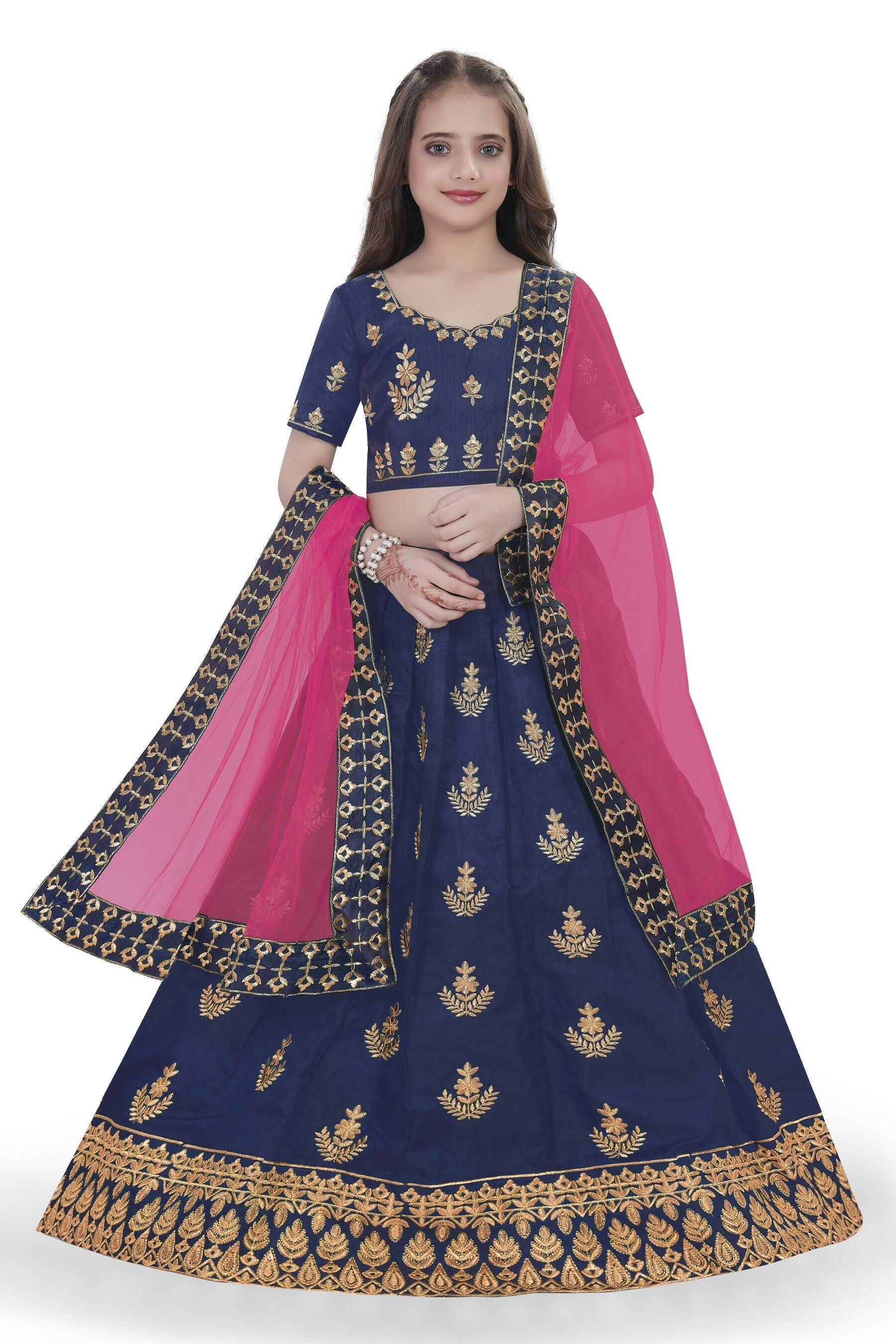 Dwiden Navy Blue Kamal Tafetta Sattin Semi-Stitched Girl's Lehenga Cholin Kamal Tafetta Sattin Semi-Stitched Girl's Lehenga Choli