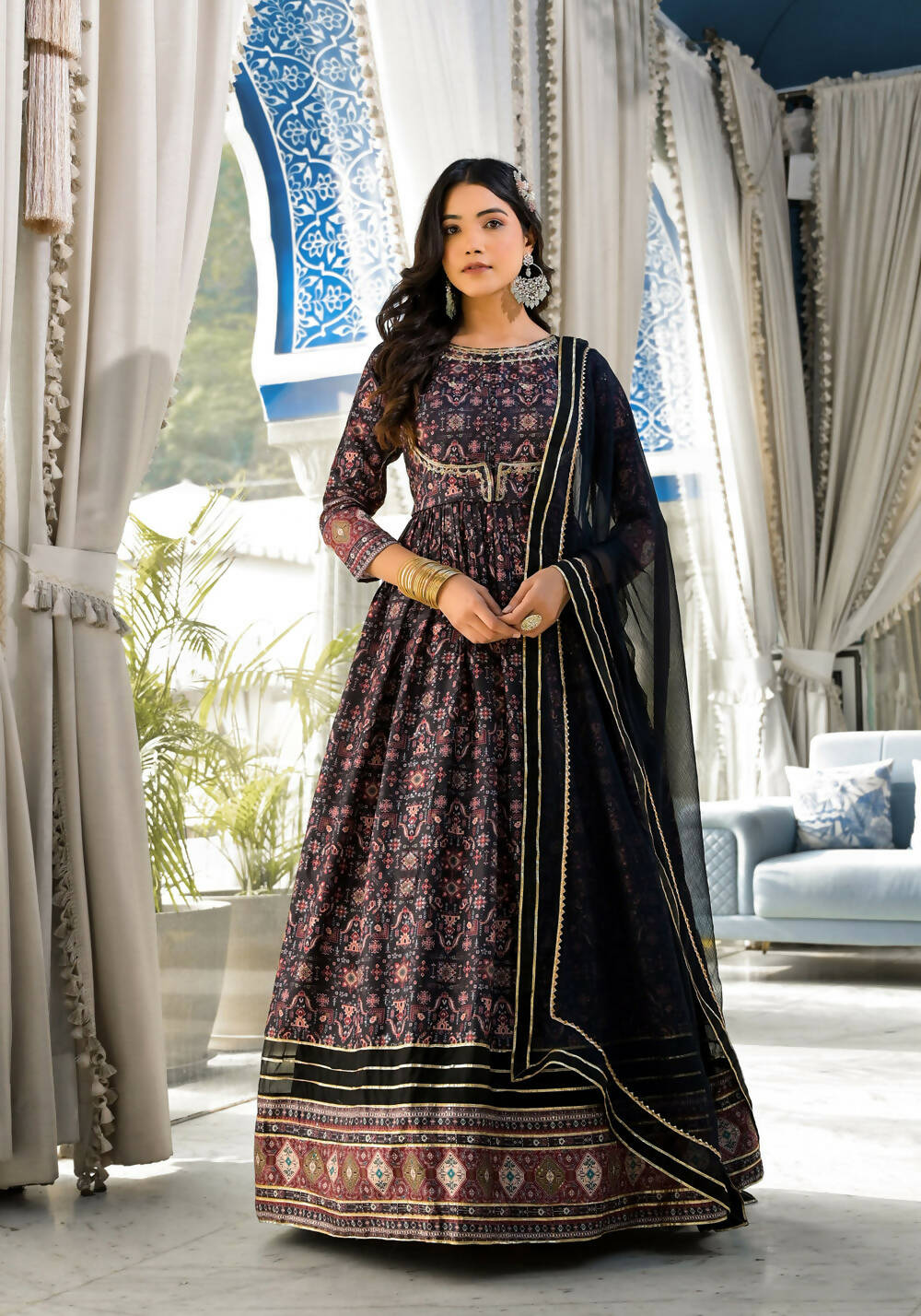 Partywear Designer Black Dola Silk Anarkali Suit With Dupatta - Ananta