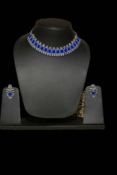 Artificial Stone Studded Oxidized Necklace Blue Jewellery set with 1 Pair of Earrings By House of Ree - Grab2buy