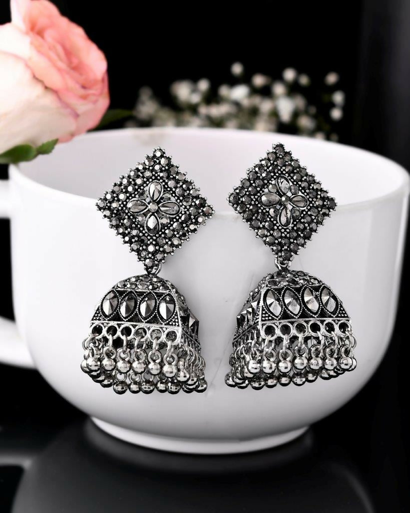 VOJ Black-Toned AD Studded Dome Shaped Jhumkas Earrings - Grab2buy